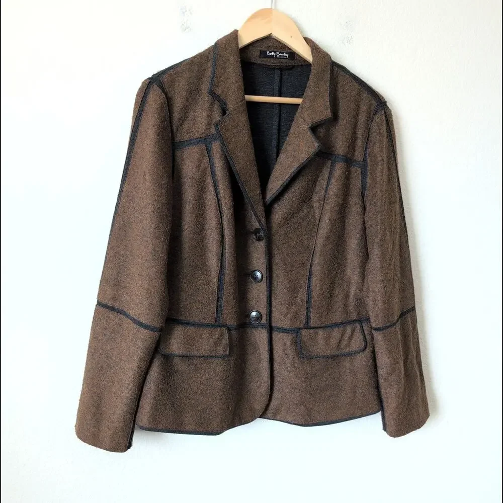 Betty Barclay Blazer Jacket Size 14 Womens Brown Contrast Trim Wool Blend Career